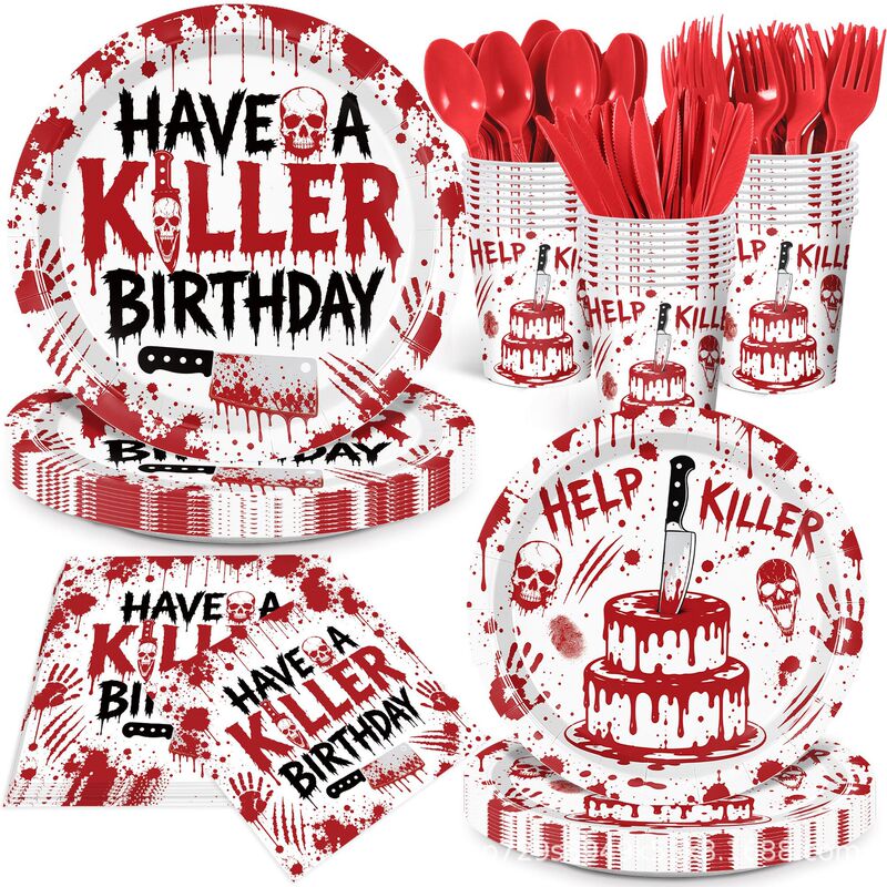 New Halloween Blood Splatter Theme Tableware Horror Killer Style Birthday Party Disposable Plate and Cup Set New Halloween Blood Splatter Theme Tableware Horror Killer Style Birthday Party Disposable Plate and Cup Set