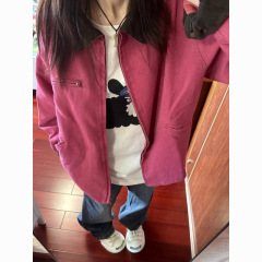 アメリカの工装の初春の野球服のピンクのコートの女性の朝の春のデザイン感の小さい大衆のゆったりしている襟のジャケットの春の春