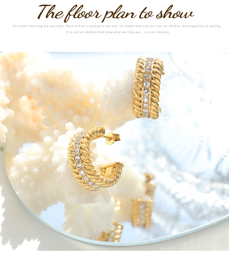 Retro C Shape Titanium Steel Inlay Zircon Ear Studs 1 Pair