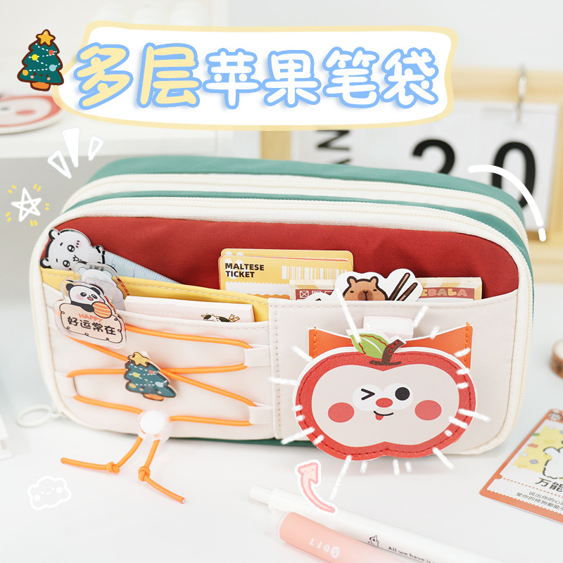Versión coreana original del diseñador del estuche para lápices de gran capacidad para niñas de alto valor, diseño de cordón multicapa, estuche de papelería de nicho, estuche para lápices