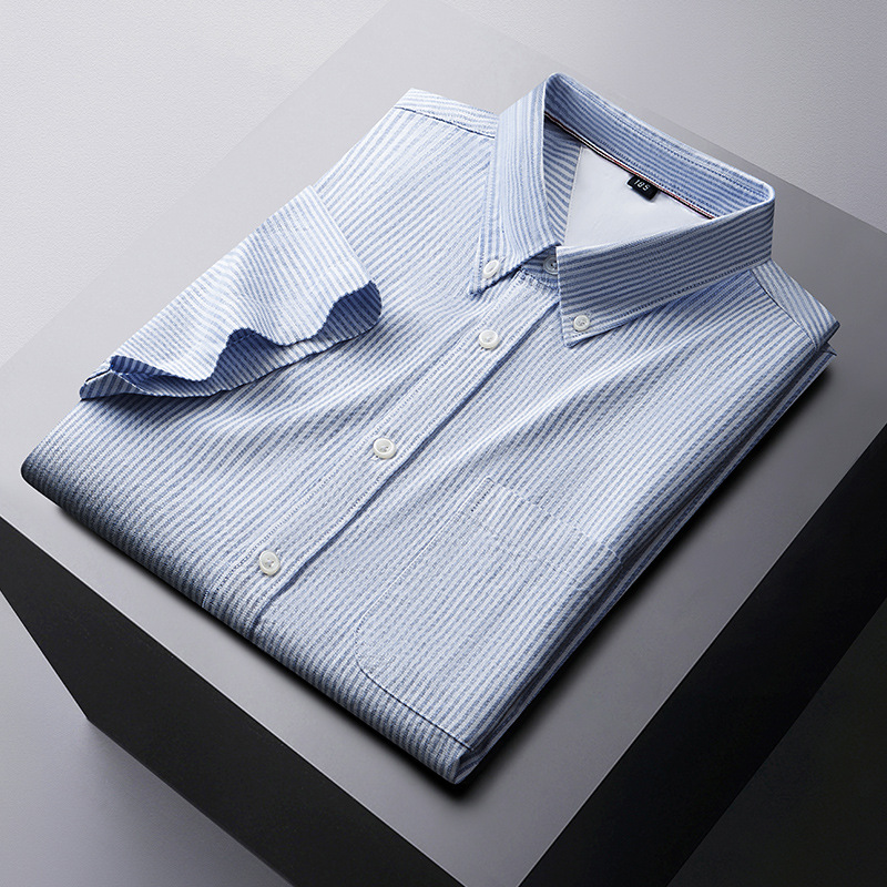 加肥加大码男士夏季短袖衬衫肥佬宽松休闲牛津纺纯棉条纹尖领衬衣