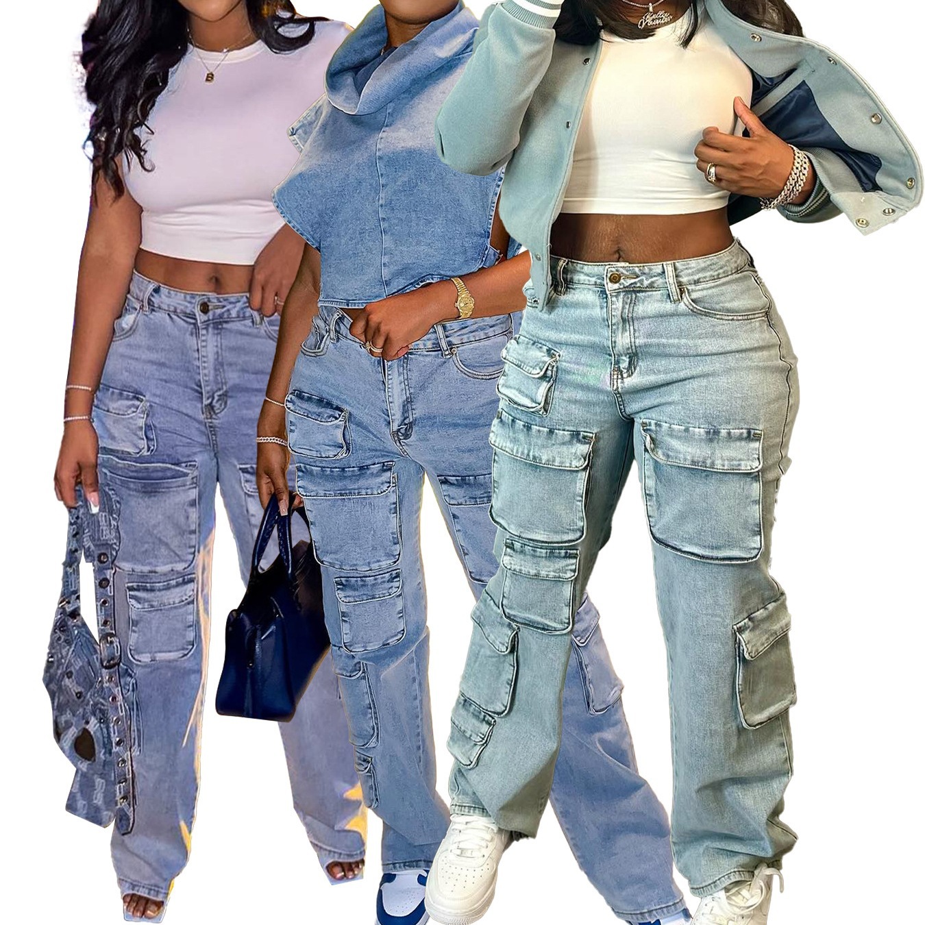 Hr88003 European and American Fashion Women's Stretch Denim Fabric Stereo Multi-Pocket Work Style Denim Pants