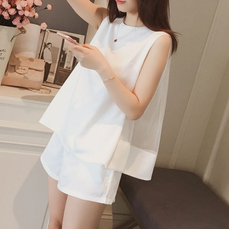 Summer New Korean Style Mesh Versatile Patchwork Sleeveless Vest Top + Casual Shorts Set for Women Two-Piece Trendy Set Summer New Korean Style Mesh Versatile Patchwork Sleeveless Vest Top + Casual Shorts Set for Women Two-Piece Trendy Set