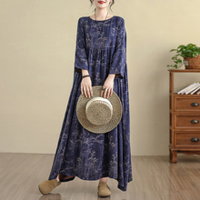 外贸大码连衣裙300斤复古百搭数码印花加厚长裙棉麻长袖连衣裙