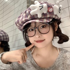 可爱kitty猫格子贝雷帽女甜美百搭贝雷帽显脸小画家八角帽子韩版
