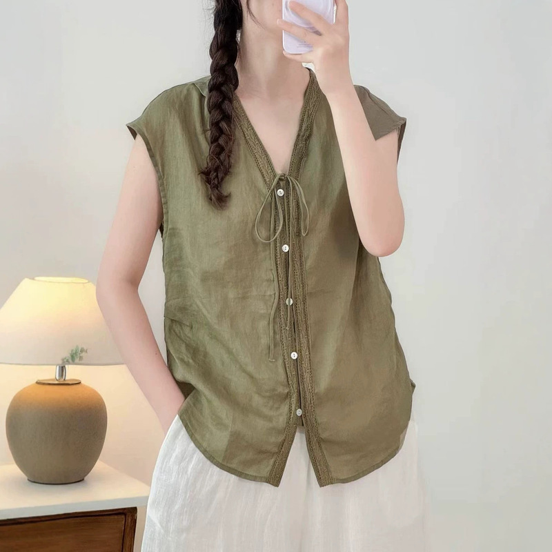 New Simple Style Collared Lace Placket Lightweight Versatile Loose Ramie Flutter Sleeve Shirt New Simple Style Collared Lace Placket Lightweight Versatile Loose Ramie Flutter Sleeve Shirt