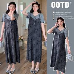 妊婦服夏の新作ファッションママvネック破れ気品ゆったりストラップワンピースストラップtシャツ2点セット