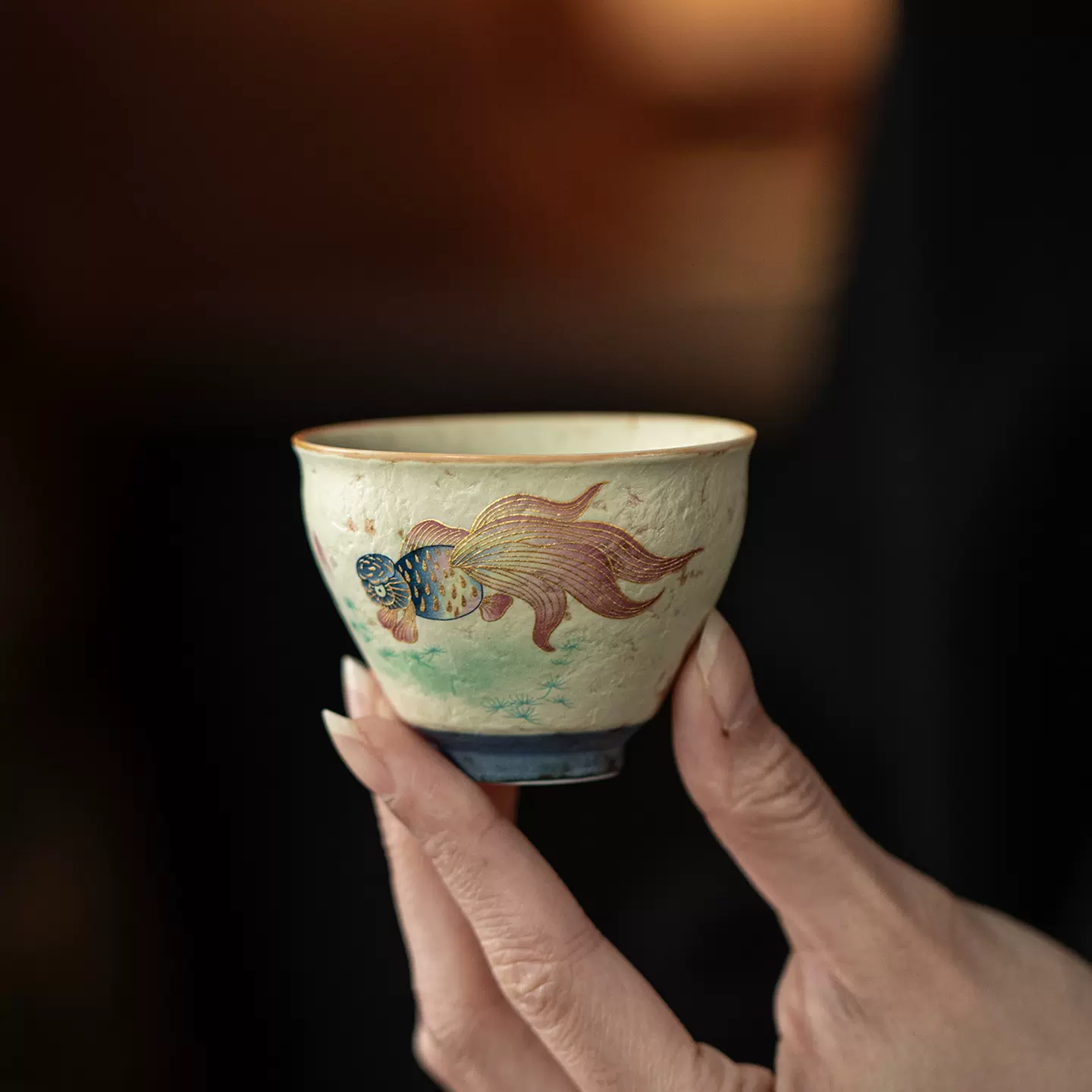 青花火石红金玉满堂茶杯仿古陶瓷品茗杯禅定杯花苞杯个人茶盏单杯