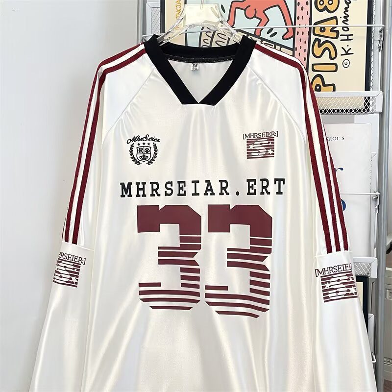 American Retro Jersey Style V Neck Splicing Long-Sleeved T-Shirt for Men and Women in Summer Loose Sports Breathable Preppy Style Jersey