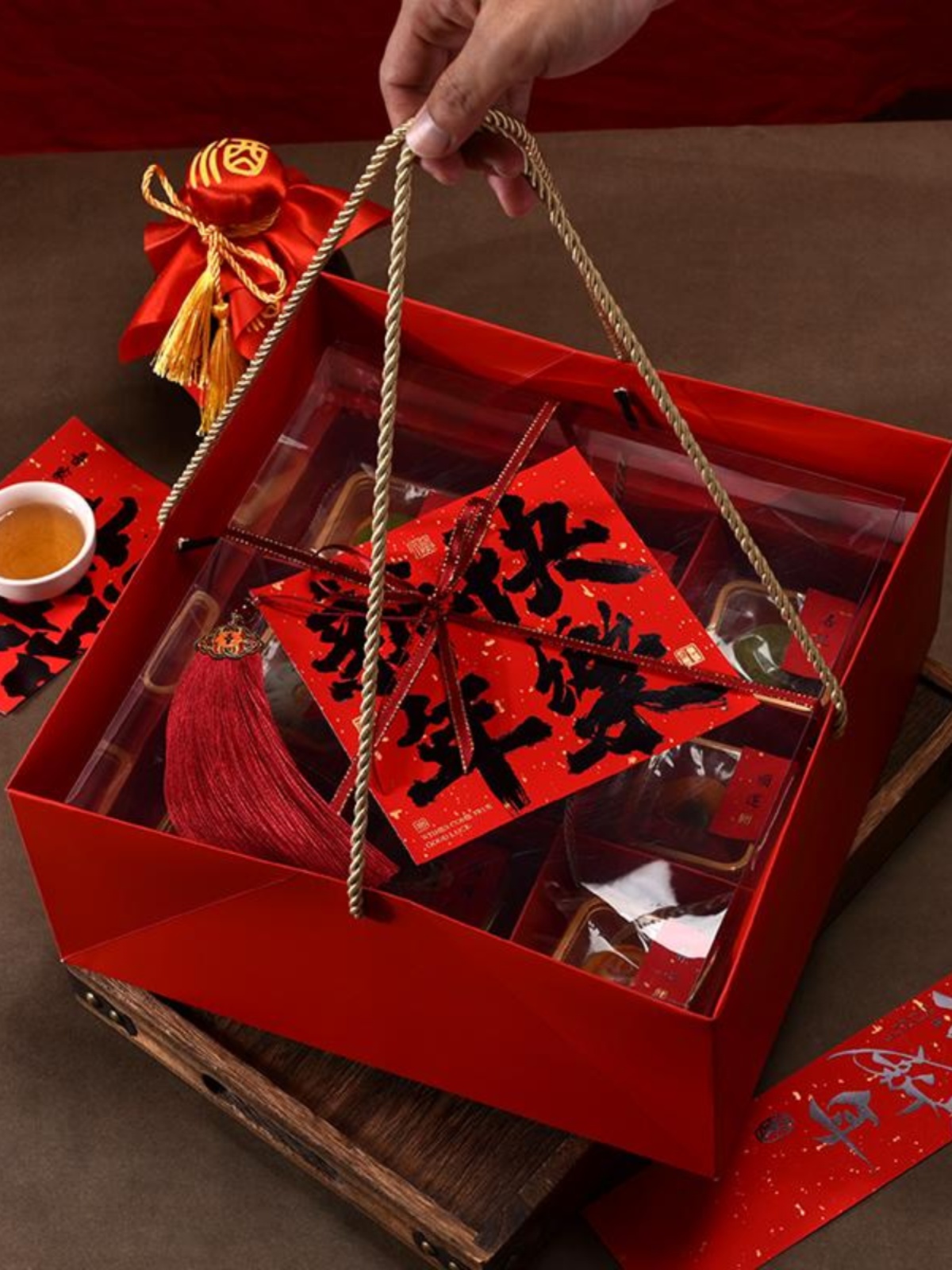 Caja de pastel de luna roja Jiugongji caja de regalo transparente pasteles chinos postre pastel de punto occidental caja de regalo de dulces