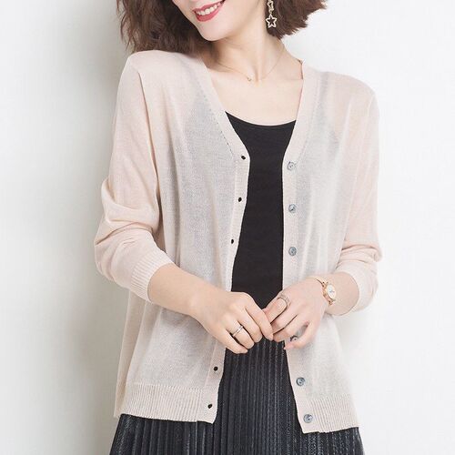 Ladies' Summer Thin Knit Cardigan Solid Color Linen-Like Ice Silk Top Coat
