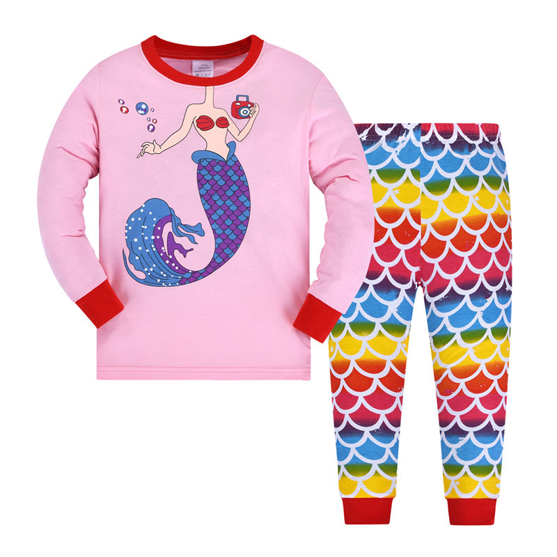 Traje de ropa para el hogar para niños europeos y americanos Comercio exterior al por mayor primavera pantalones de manga larga traje de sirena pijamas para niñas algodón