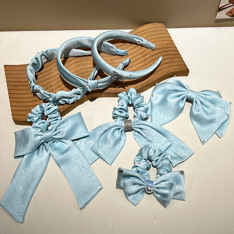 韓國東大門高級感側邊蝴蝶結海綿發箍藍色系顯高顱頂緞面髮飾發窟