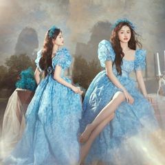 フォトスタジオテーマの個人写真衣装人気のレトロな油絵スタイルの小さな新鮮な女の子の花柄スカートアート写真撮影