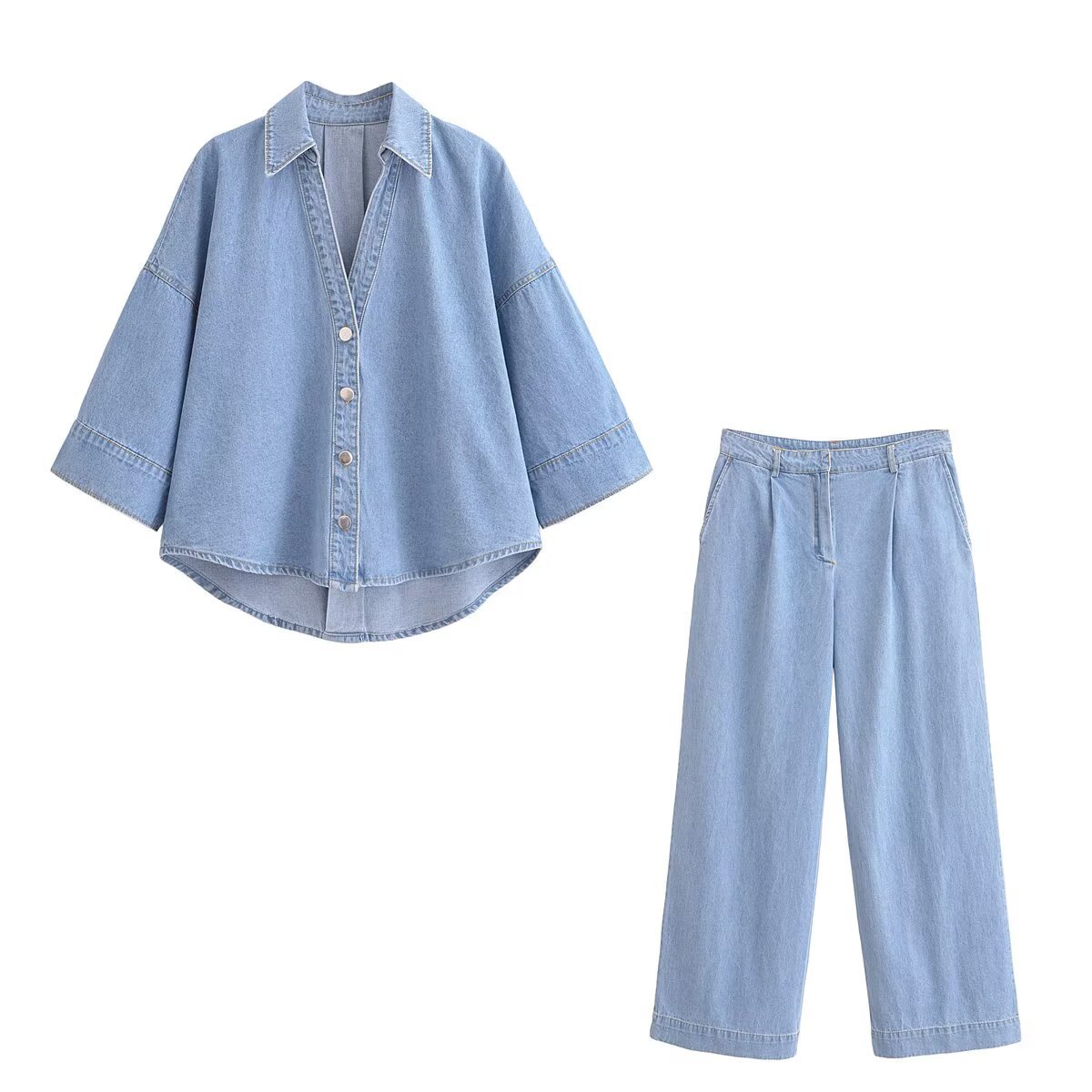 Women's Casual Denim Shirt And Pants Set Wide Sleeve Top with Relaxed Fit Jeans Korean Inspired Outfit for Spring_ecoleips.com