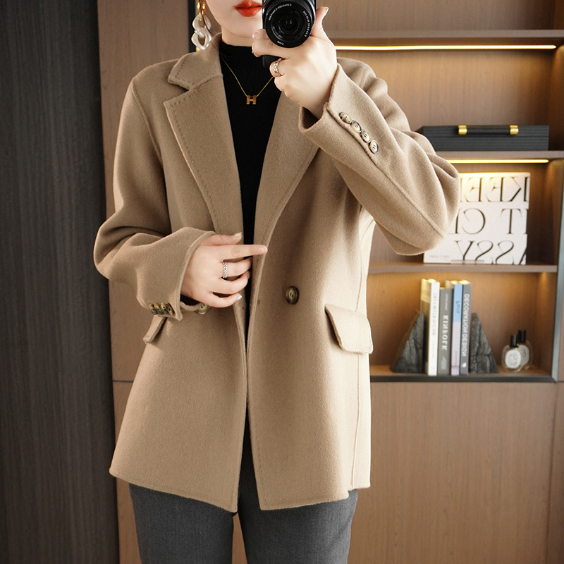 2023 autumn and winter new double-sided woolen lapel simple solid color women's coat loose casual commuter wool coat