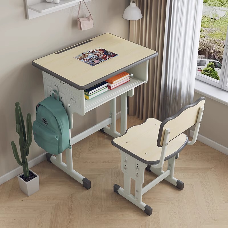 School-Style Student Desk and Chair Set for Children, Study Desk and Writing Desk with Thickened Iron Frame School-Style Student Desk and Chair Set for Children, Study Desk and Writing Desk with Thickened Iron Frame