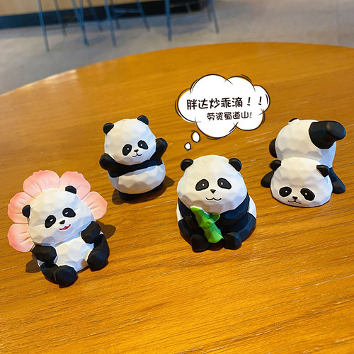 Original Wood Carving Style Cute Panda Daily Series Desk Miniature Resin Panda Bear Plush Gift