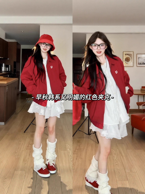红色哈灵顿夹克正肩外套女短款春小个子棒球服韩系早秋季穿搭上衣|undefined