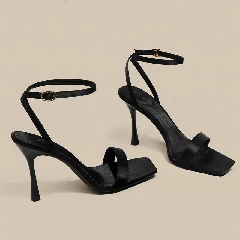 Black Square-Toe Stiletto Sandals with a Single Strap, Versatile and Stylish, Make Your Legs Look Longer