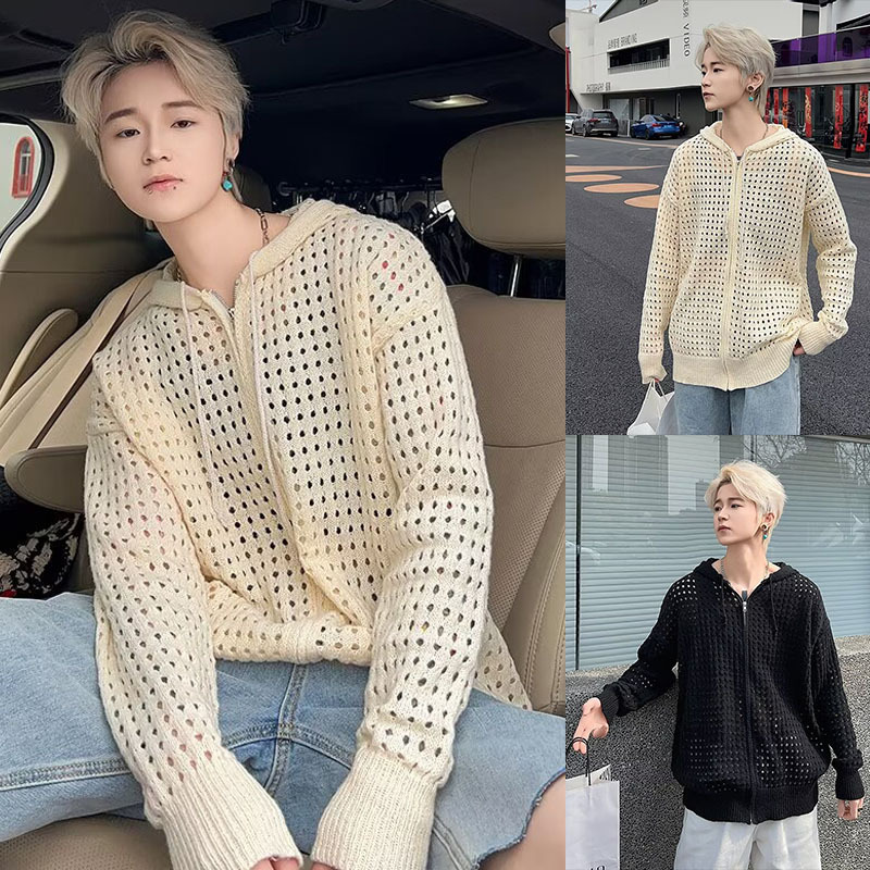 Autumn and Winter New Hollow Long-Sleeved Knitwear Jacket for Men and Women Hooded Cardigan Design Trendy Brand Foreign Trade Cross-Border Wholesale Autumn and Winter New Hollow Long-Sleeved Knitwear Jacket for Men and Women Hooded Cardigan Design Trendy Brand Foreign Trade Cross-Border Wholesale