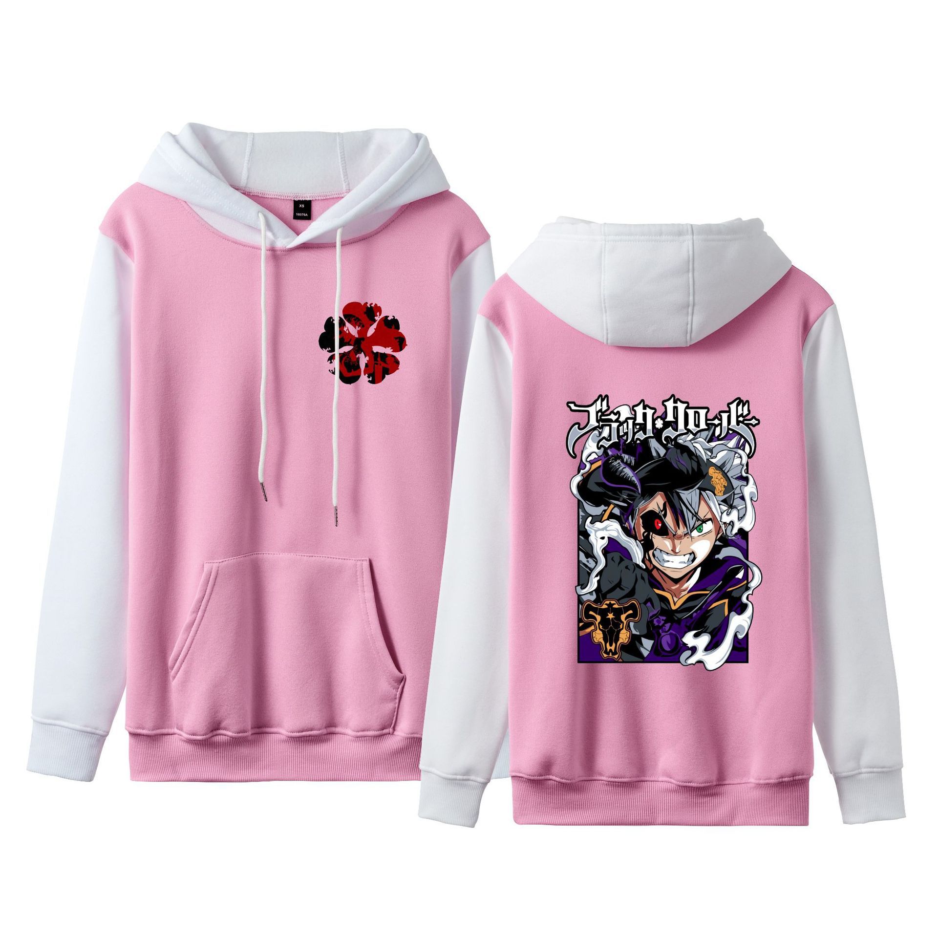 Trébol de cuatro hojas negro Black Clover suéter de pareja de talla grande para hombres y mujeres sudadera con capucha de contraste con capucha