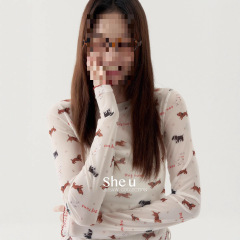 SHE U十三行复古甜辣风印花长袖罩衫女2025秋季镂空百搭修身上衣