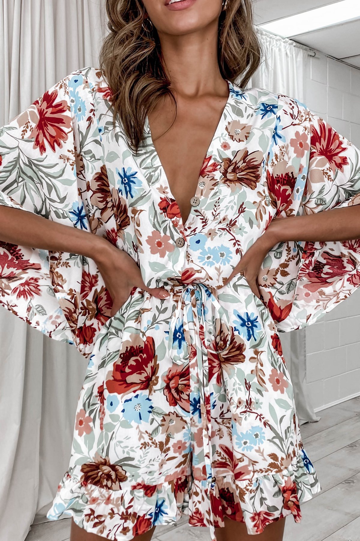 Summer Women Clothing Printed V Neck Ruffled Short Sleeves Loose Casual Jumpsuit