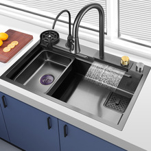 厨房水池不锈钢水槽纳米涂层大单槽 手工焊接抽拉飞雨龙头洗菜盆