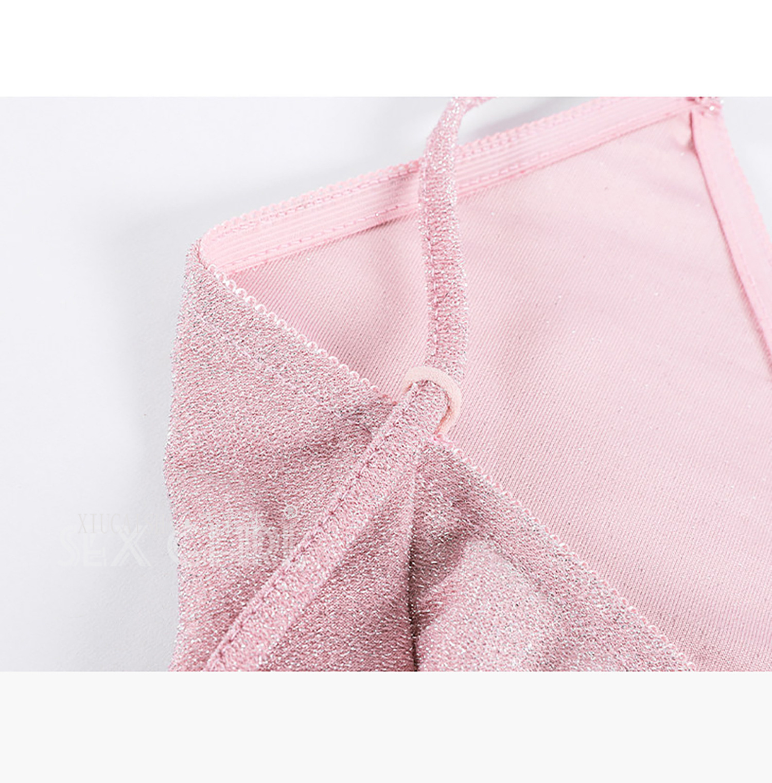 Shiny Strap Babydoll Lingerie Set with Thong and Open-Crotch Stockings, Pink Mini Nightdress — detail image 14