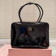 Miu Miu New Bright Face Oil Wax Leather Briefcase Patent Leather Handbag Women's Large Capacity Commuter Bowling Shoulder Bag