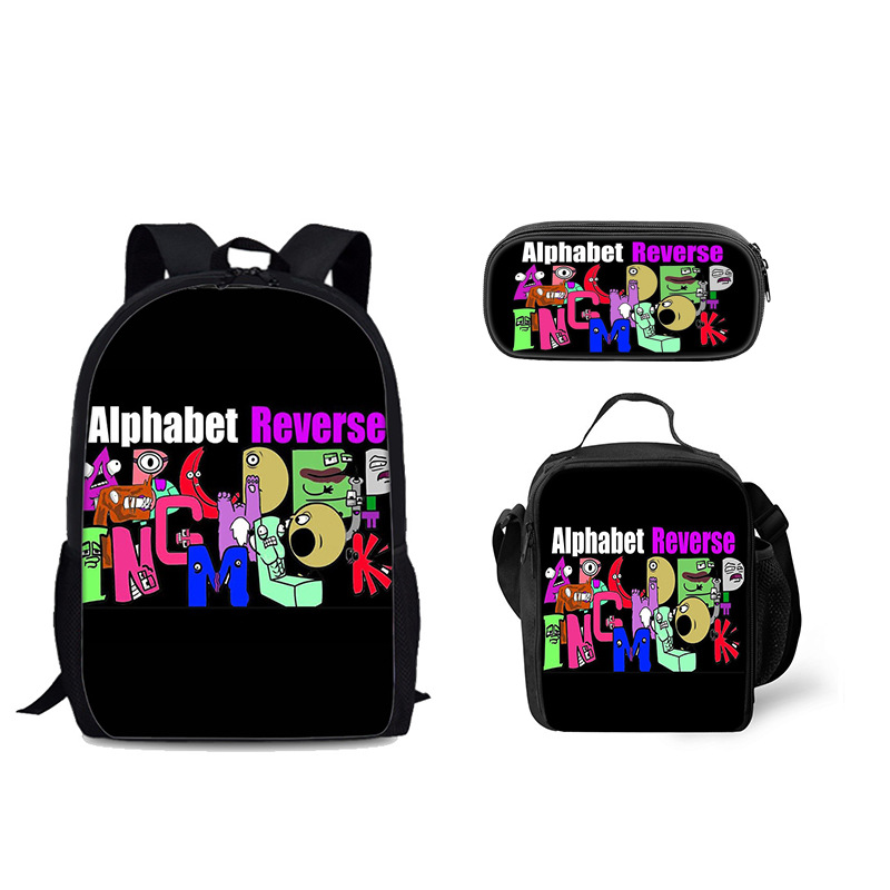 Venta al por mayor Alphabet Lore mochila escolar bolsa de hielo letra leyenda estudiante mochila bolsa de comida bolsa de tres piezas