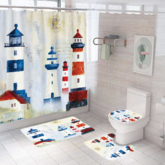 Shower curtain cross-border wholesale polyester 3D printing seaside lighthouse shower curtain waterproof bathroom non-slip mat bathroom four-piece set