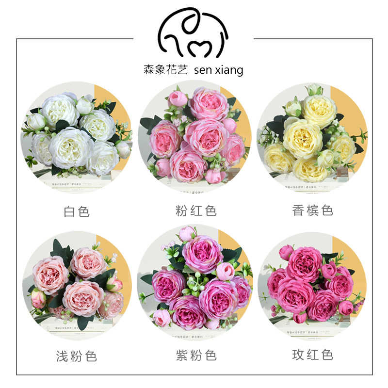 In stock 5-head spring-colored peony hand-held core Persian rose Korean-style artificial flower home wedding decoration