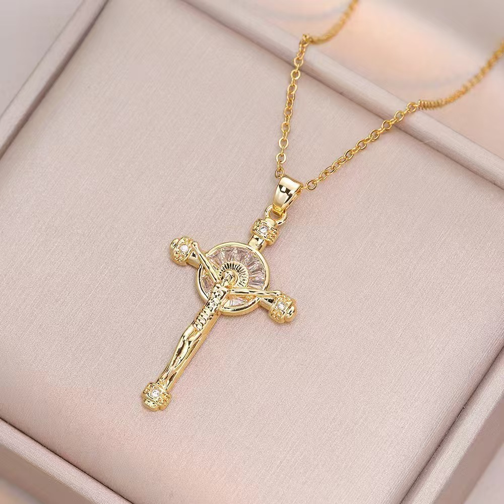 Wholesale Jewelry Shiny Cross Titanium Steel Zircon Inlay Pendant Necklace Cable Chain display picture 13