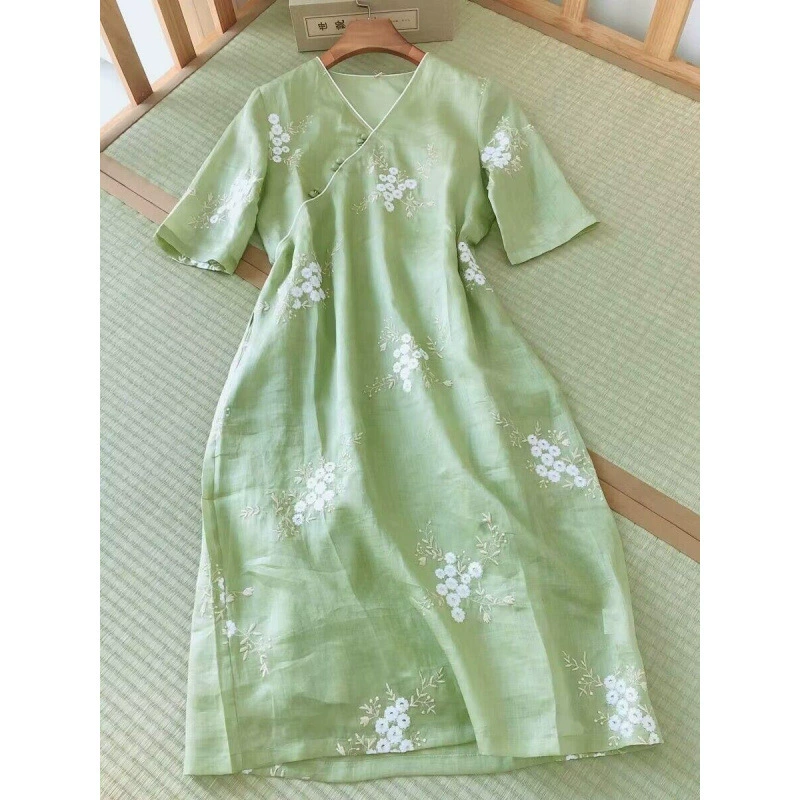 Экспортная женская одежда 2025 года, новое платье из рами с тяжелой вышивкой в китайском стиле, улучшенный чонсам.