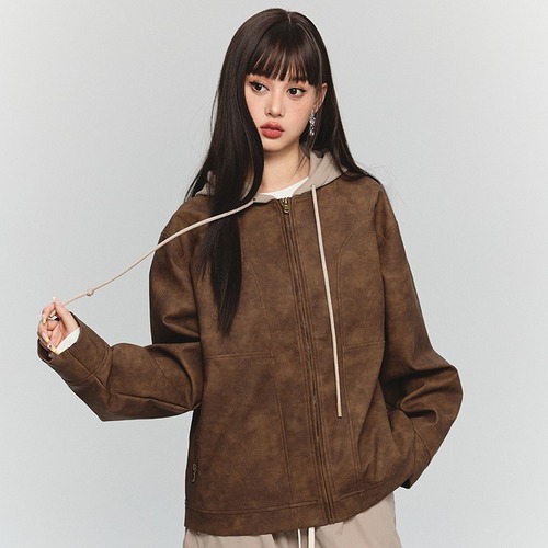 Autumn/Winter American Style Leather Jacket with Pockets, Biker Jacket, Hooded Sweatshirt, Unisex, High-end Feel