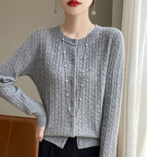 秋冬新款圆领绞花羊毛衫女百搭宽松针织开衫外套