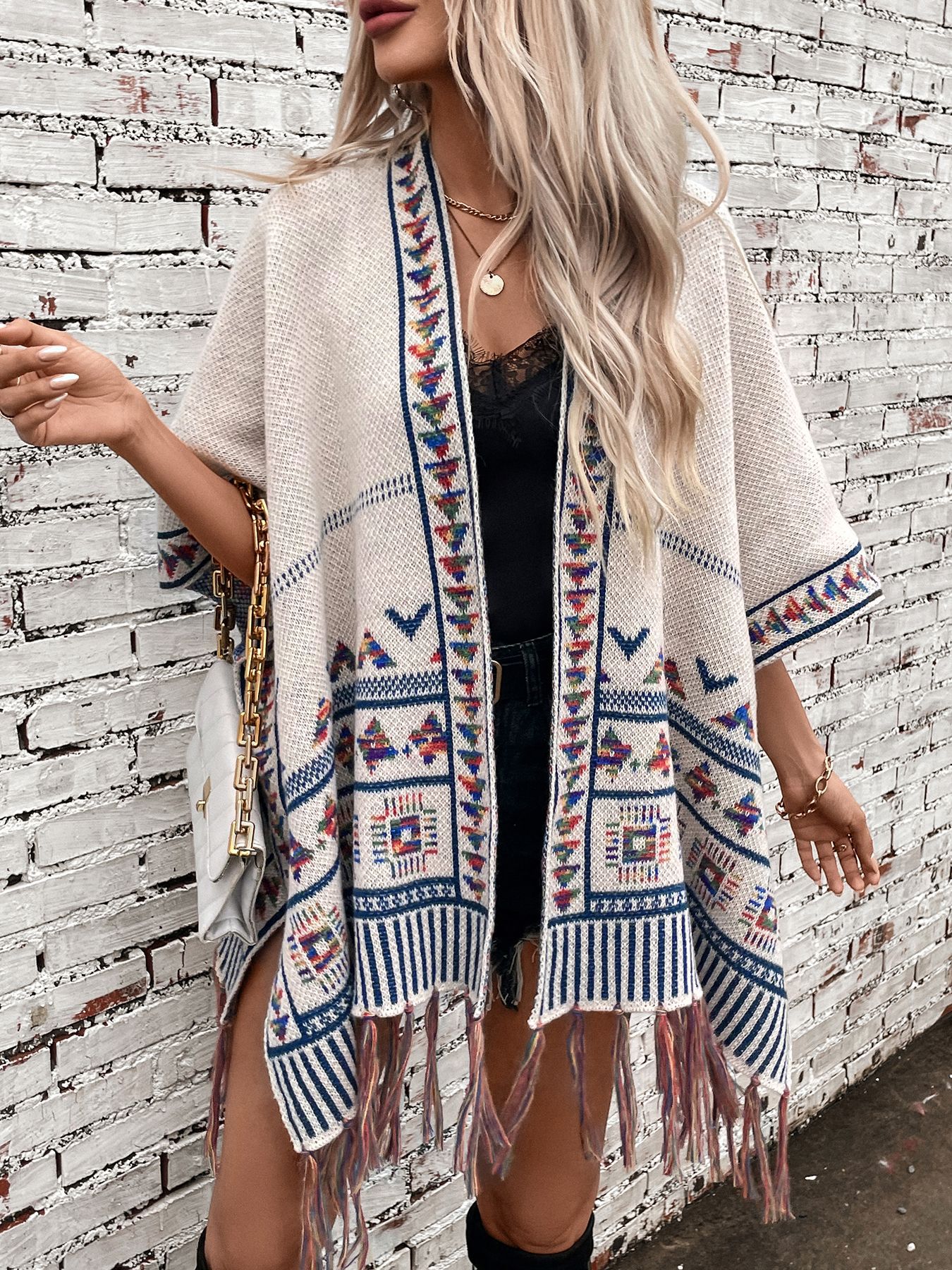 Grobstrick Damen Cape Mit Quasten Lässiger Jacquard Mantel_voghion.com