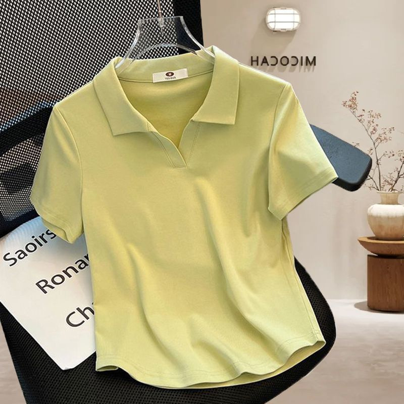 2026 New Style White Straight Shoulder Polo Collar Short-Sleeve T-Shirt for Women, Age-Reducing, Slim Fit, Versatile Blank Version Top