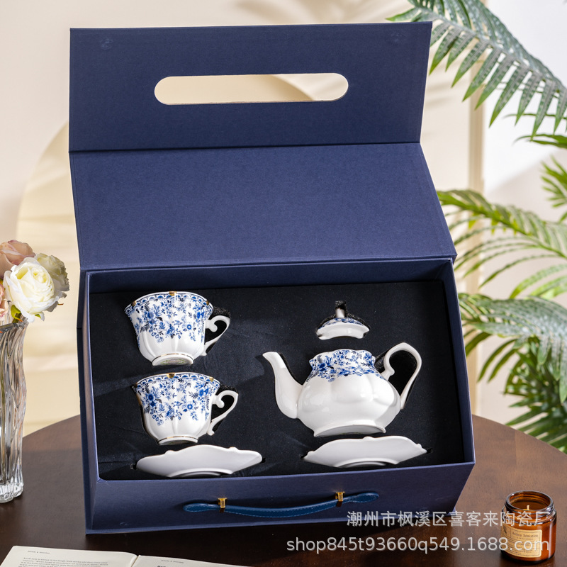 Export British Blue and White Porcelain Coffee Cup and Saucer suit Ceramic Retro European-style Refined High-end Light Luxury Afternoon Tea Cup