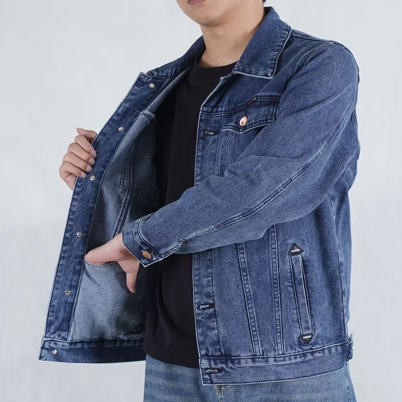 Spring Denim Jacket Men's Thick Loose Large Size Work Jacket Lapel Multi-Pocket Denim Top Men