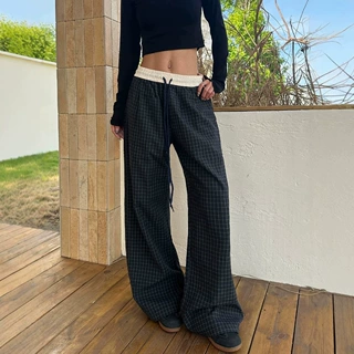 美式复古阔腿格子裤男女夏季美式宽松显瘦弯刀裤慵懒风运动休闲裤