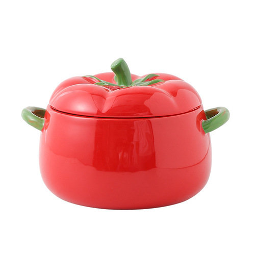 Double Ear Soup Bowl Tomato Shape Household Instant Noodle Bowl Student Dormitory With Lid Ceramic Soup Bowl Bowl Vermicelli Soup Bowl 