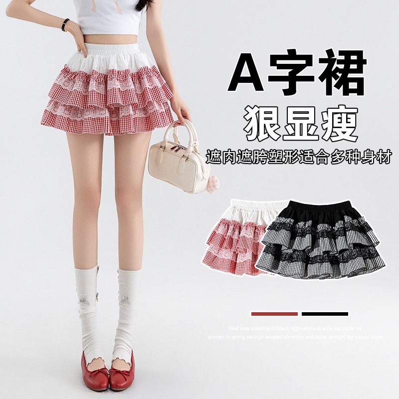 短款复古辣妹格子蓬蓬裙女夏2025新款小个子甜美高腰蕾丝半身短裙