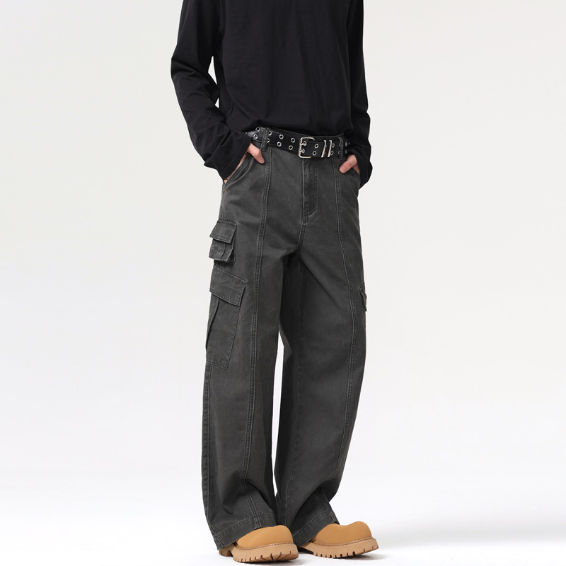 Autumn Men's Clothing # American Retro Multi-Pocket Unisex Cargo Pants High Street Casual Loose Wide-Leg Straight Pants
