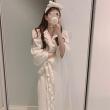 韩国外贸女士ins配发带秋冬新品气质纯色毛绒家居服睡袍睡衣网红