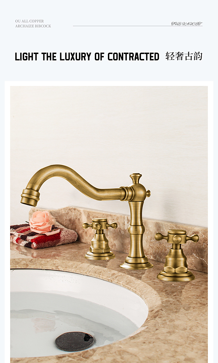 Brass French vintage washbasin, three-hole faucet, bathroom cabinet, double-handle split three-piece set, cold and hot splash-proof faucet details Picture