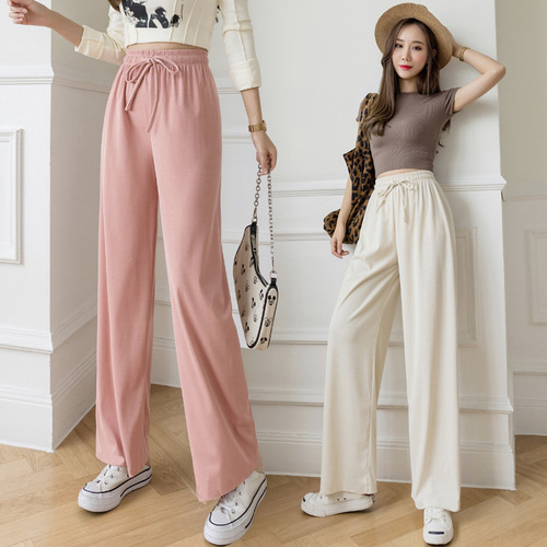 Women's Spring Summer 2024 New Ice Silk Wide Leg Pants High-Waisted Flowy Loose Straight Leg Casual Slimming Wearable Floor-Length Pants