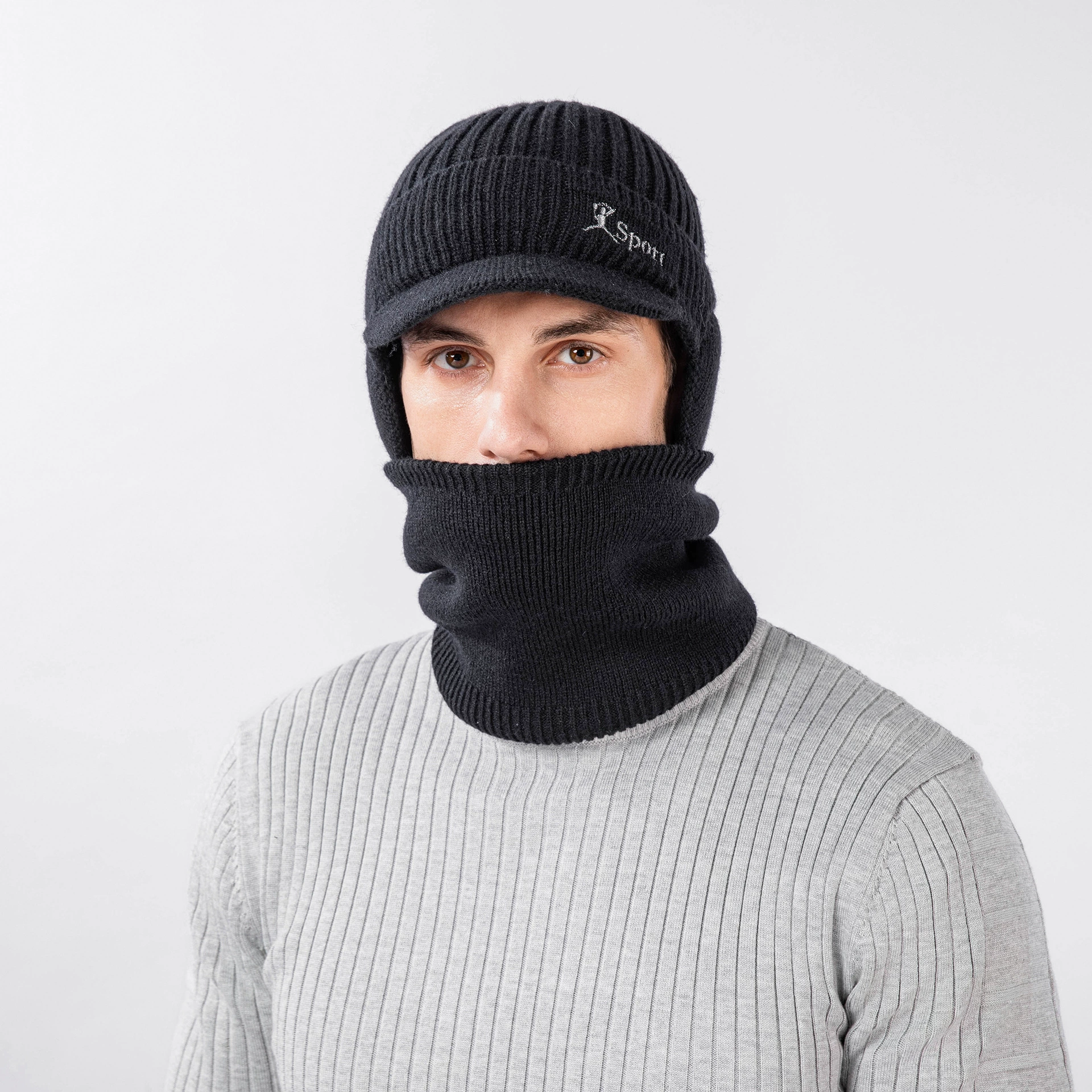 Keep warm hat, scarf, gloves, men's knitted woolen set, 3 piece set, increased thickness